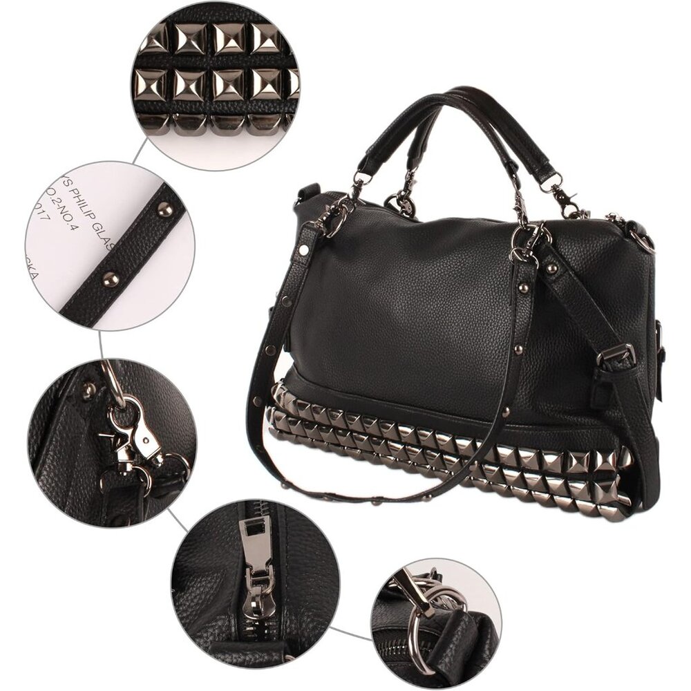 Punk Rivet Hobo Handbag for Women Large Crossbody Faux Leather Black Stylish Ret - Picture 5 of 6